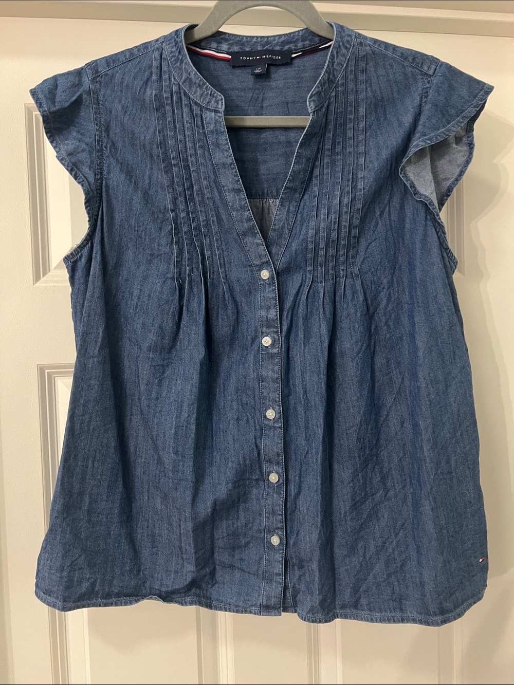 Tommy Hilfiger Ladies Denim-Style Blue Pintuck Button-Front Top - Size Large